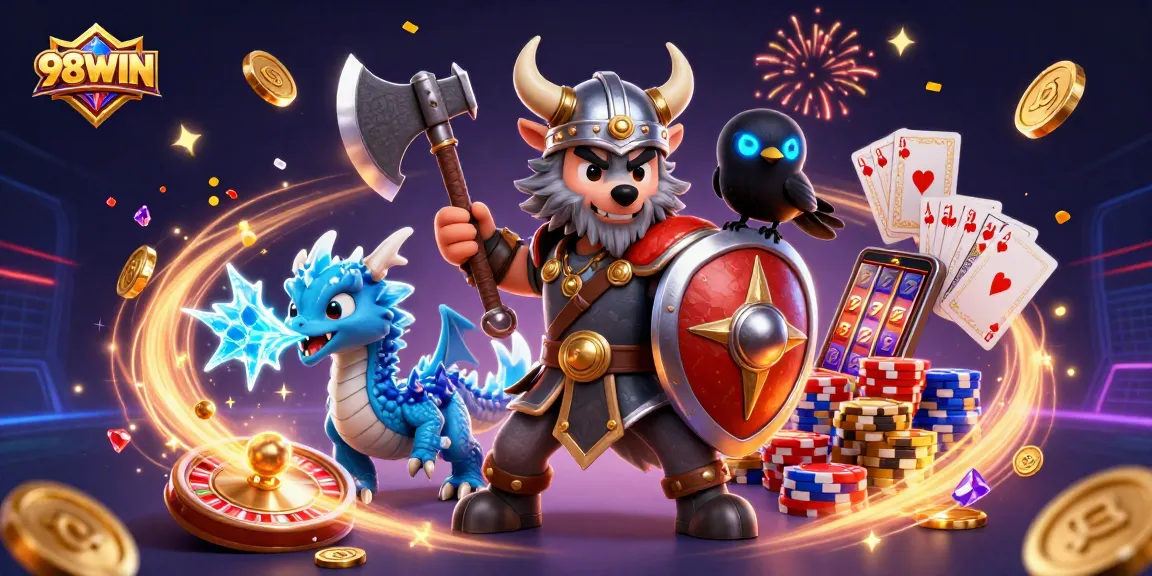 Experience the excitement of 98WIN with a 3D illustration of a Viking warrior, dragon, and casino elements.