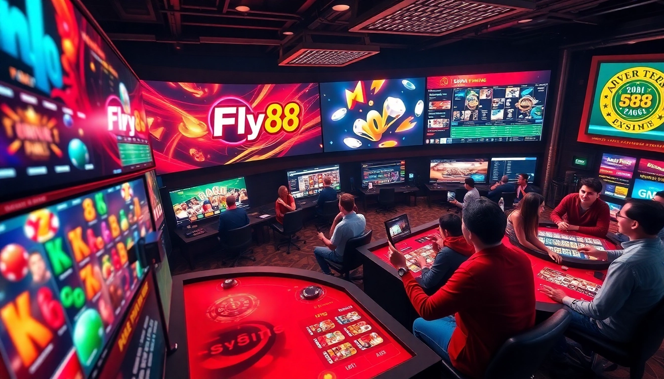 Fly88 online gaming platform featuring vibrant casino games and enthusiastic players in an engaging environment.