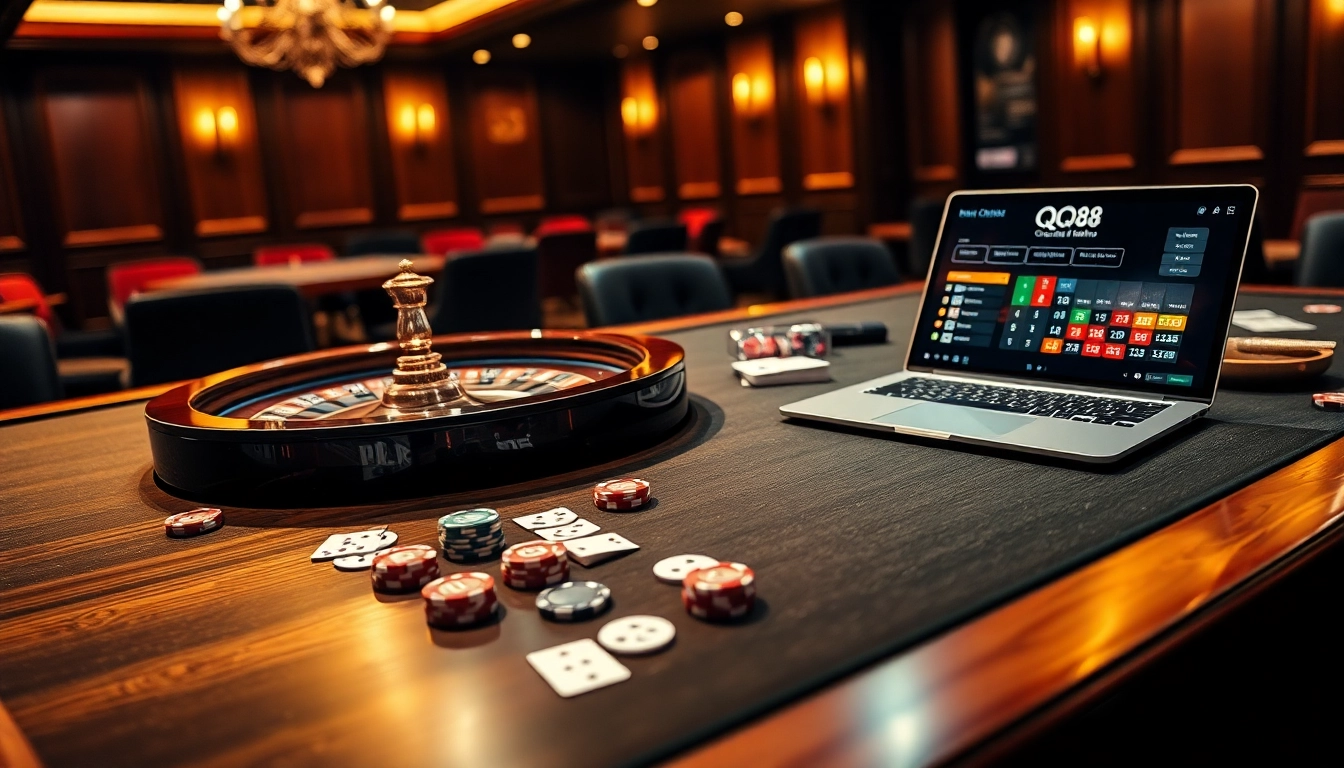 Experience thrilling gaming moments at QQ88 casino with vibrant poker chips and roulette wheel.