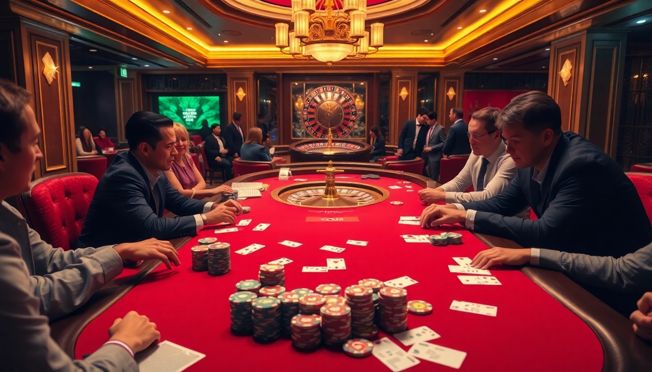 Engage in Game bài bomwin at a luxurious casino poker table surrounded by vibrant chips and captivating excitement.