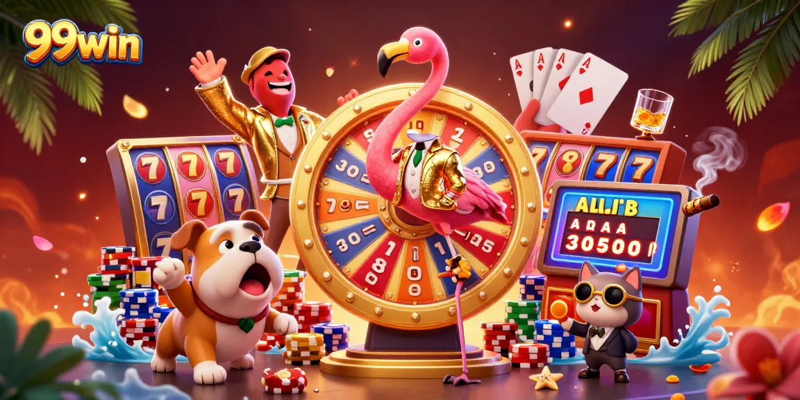Celebrate winning moments with 99win's vibrant slot reels, prizes, and excitement depicted.