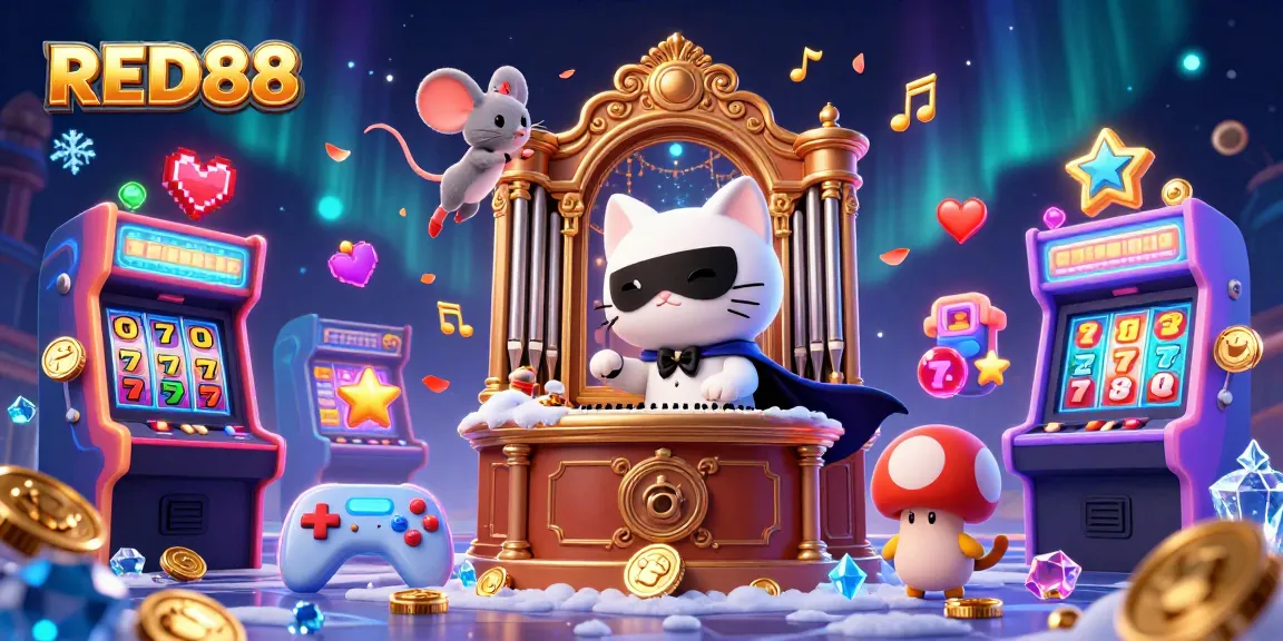 Spin the reels at RED88 with a magical casino scene featuring whimsical characters and vibrant gaming elements.