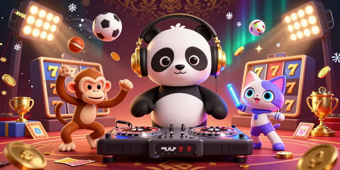 Experience the excitement at MV66 with a vibrant casino-themed illustration featuring a DJ panda, dancing monkey, and glowing kitten.