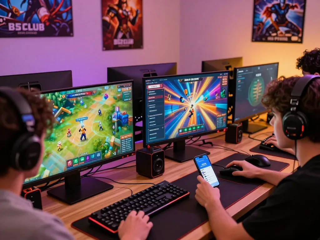 Players enjoying b52club trực tuyến in a lively online gaming atmosphere with colorful graphics and modern setups.