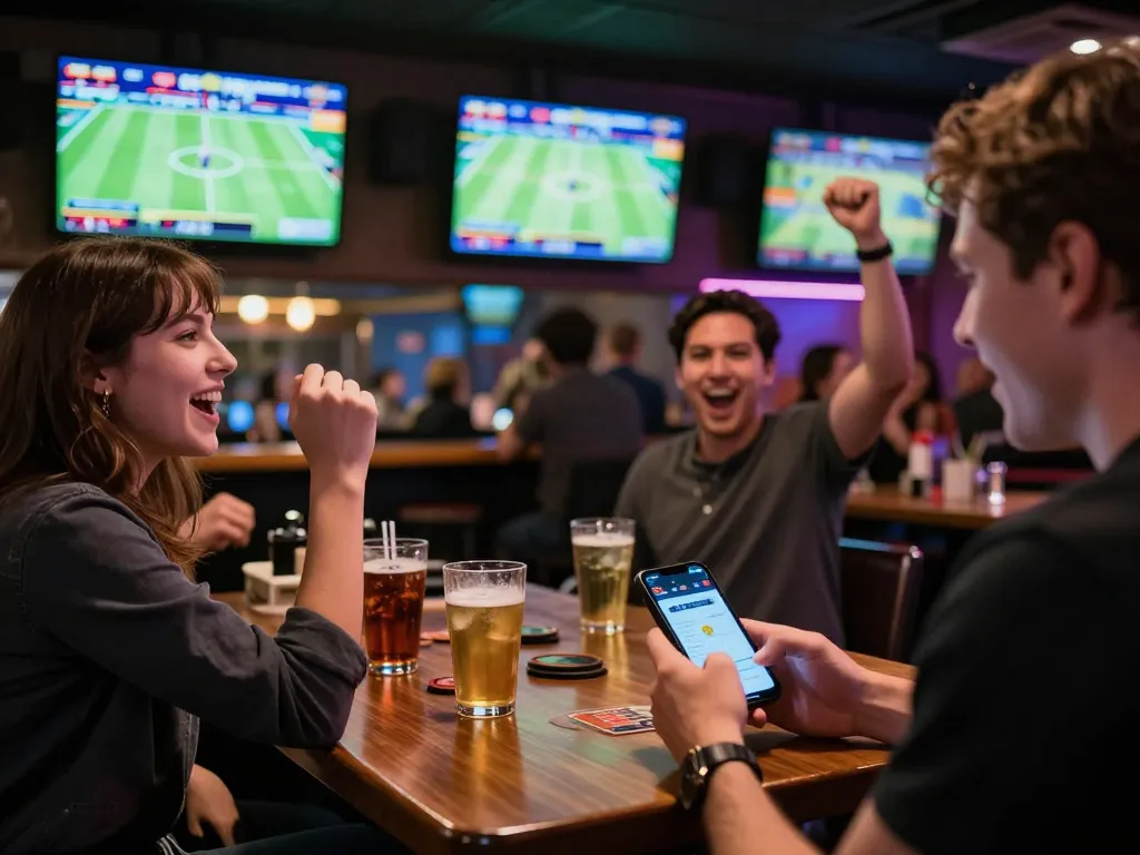 Engaged patrons at a sports betting bar using the 7M platform for real-time bets.