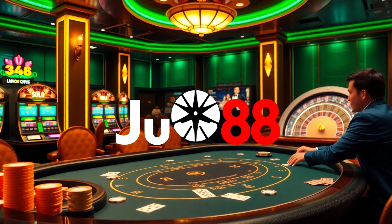 Experience thrilling gameplay at Jun88's vibrant casino setting with poker and roulette action.