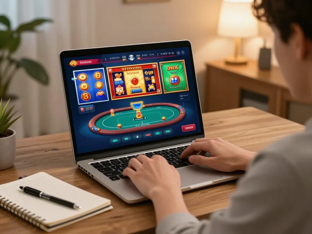 Player engaging with 555WIN online casino on laptop, showcasing vibrant gaming interface and responsible gaming setup.
