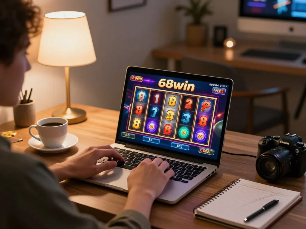 Engaging moment of a player enjoying blockchain slots at 68win online casino with colorful screen display.