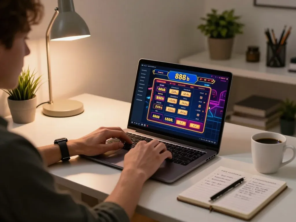 Engaging online casino gameplay with 888b interface displayed on laptop in a cozy home office