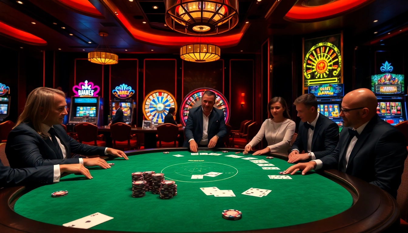 Experience gaming excitement at https://af88.bid/ with a luxurious poker table setting in a vibrant casino.