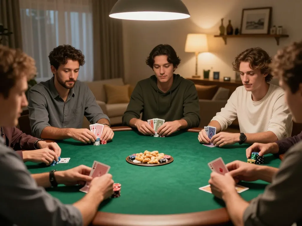Players engage in a friendly poker game at home, focusing on luck8 strategies and social interaction