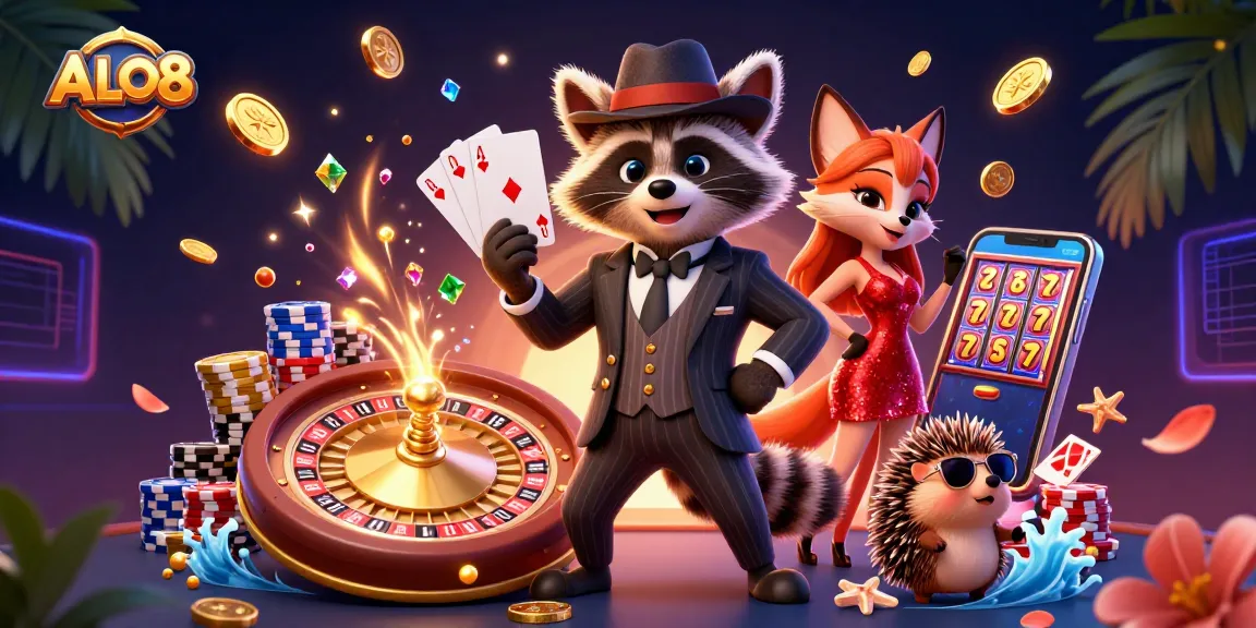 Experience the excitement of ALO8 with a charming raccoon, fox, and hedgehog in a vibrant casino scene.