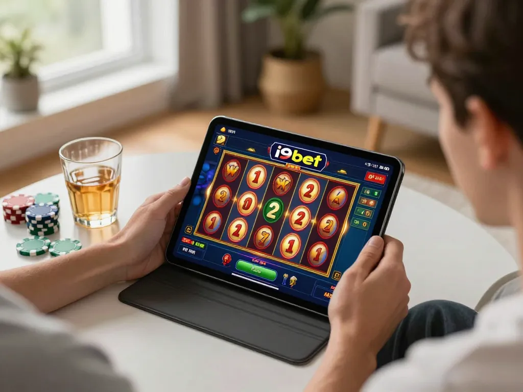 Engaging gameplay on the i9bet app in a cozy home setting with vibrant slot machine visuals.