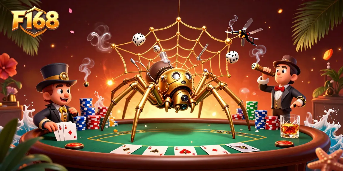 Spin big wins at F168 with a golden spider capturing lucky dice at a vibrant poker table.