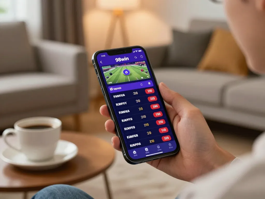 Engaging with the 98win app for live sports betting in a cozy home setting.