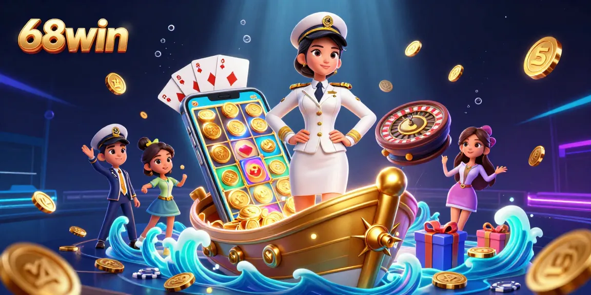 Engage with 68win's thrilling casino adventure featuring an elegant Asian woman commanding a vibrant scene of games, coins, and excitement.