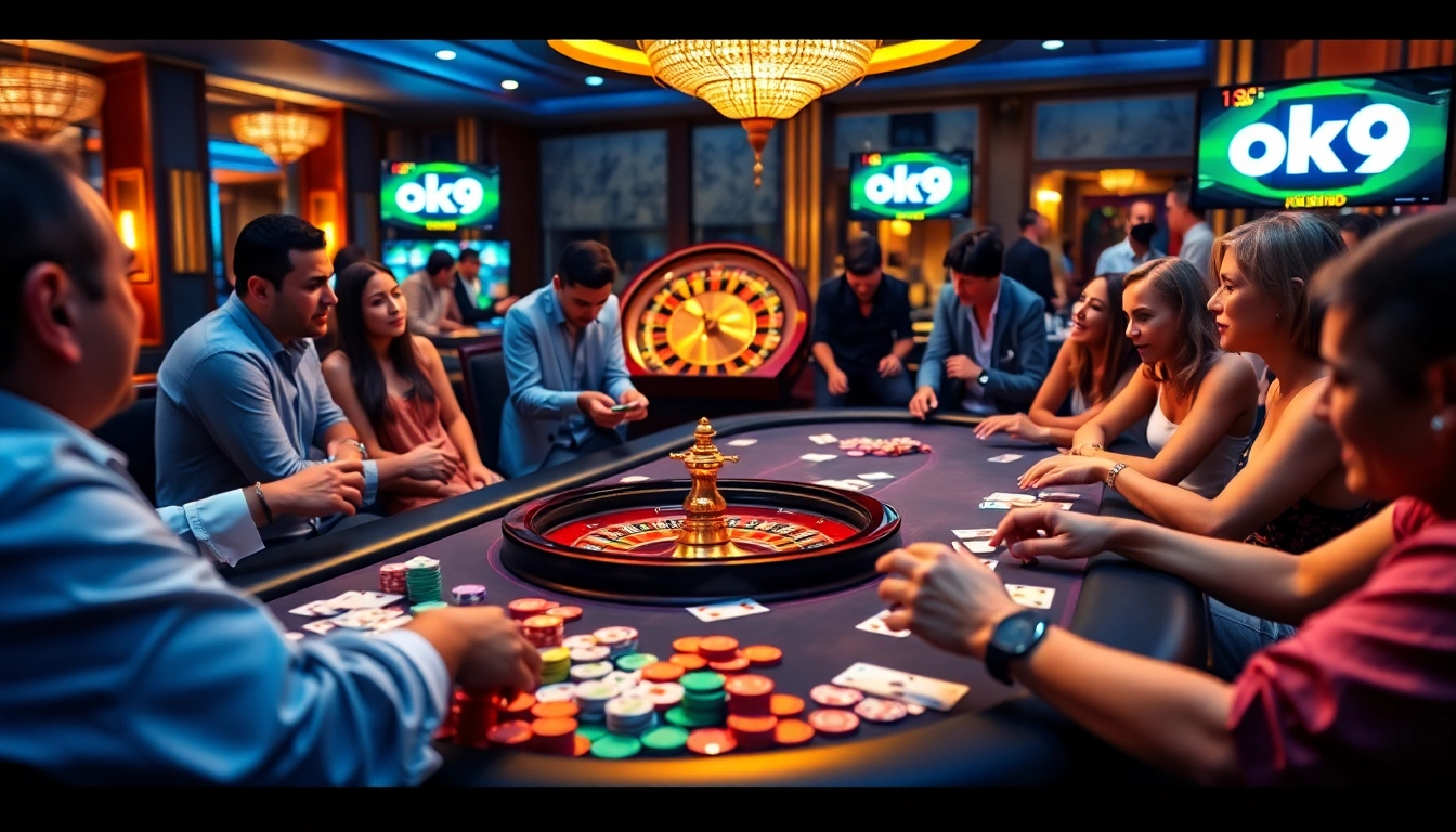 Players immerse themselves in thrilling gambling action at OK9's vibrant casino tables.