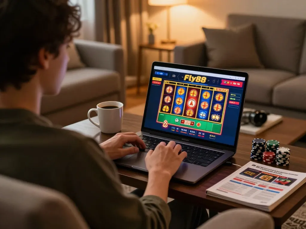 Engaging online gaming scene featuring Fly88 interface, poker chips, and a cozy home atmosphere.