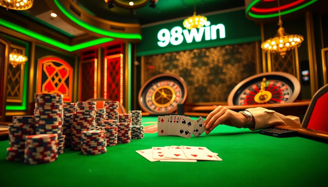 Engaging casino scene showcasing 98win with vibrant poker chips and cards, illustrating excitement in gambling.