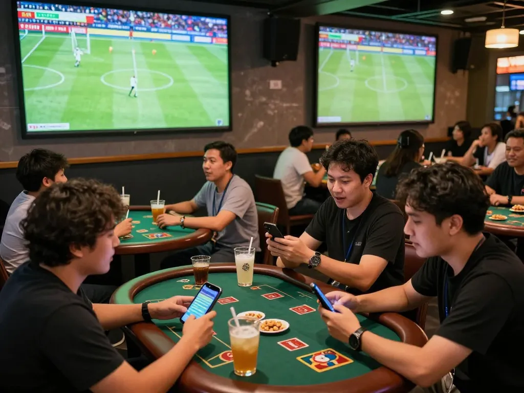 Excited fans engaging in แทงบอล while watching a live match at a vibrant sports bar.
