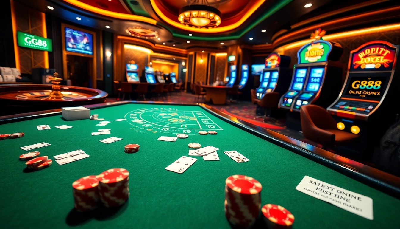 Experience the excitement of gambling at GG88 with vibrant online casino visuals featuring cards and chips.