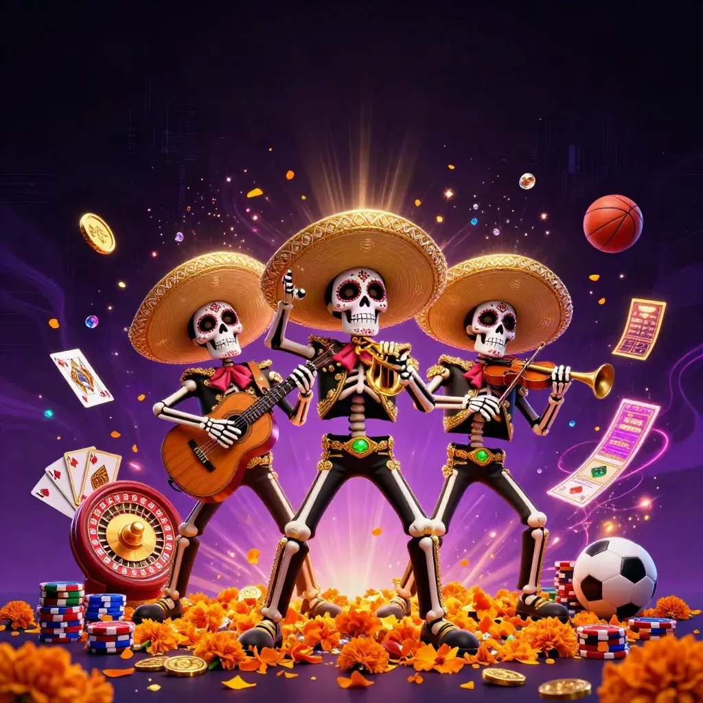 Three skeleton mariachi performers amid gold coins, roulette, cards, chips, and neon casino energy