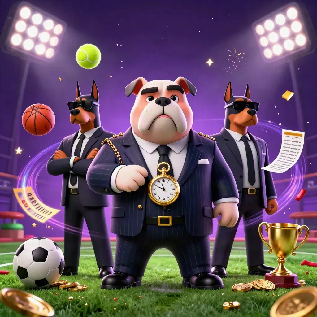 Mafia bulldog and Dobermans amid flying sports balls, coins and blazing floodlights.