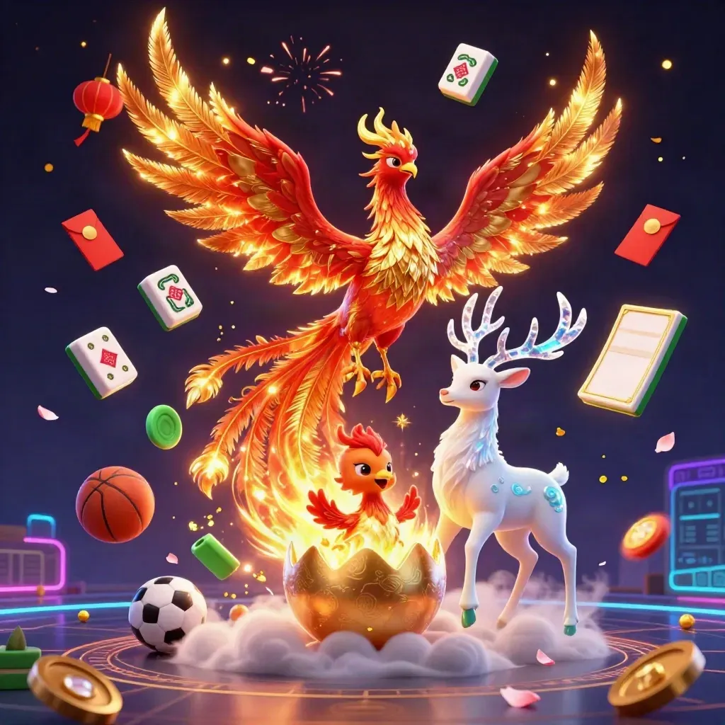 Phoenix, stag and hatchling amid casino symbols, neon grid and gold light.
