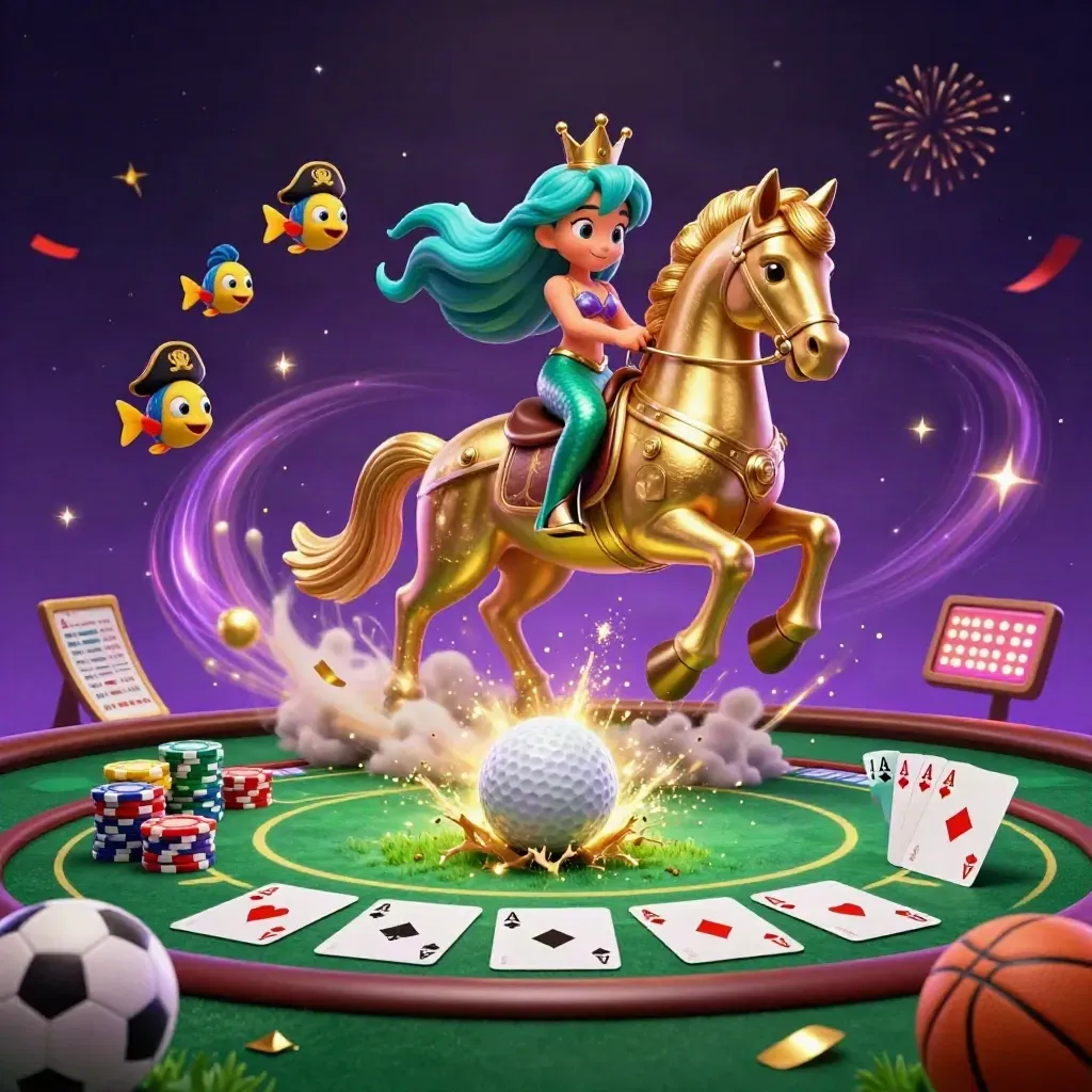 Mermaid princess on armored seahorse amid poker chips, golf ball burst, stars and fireworks.