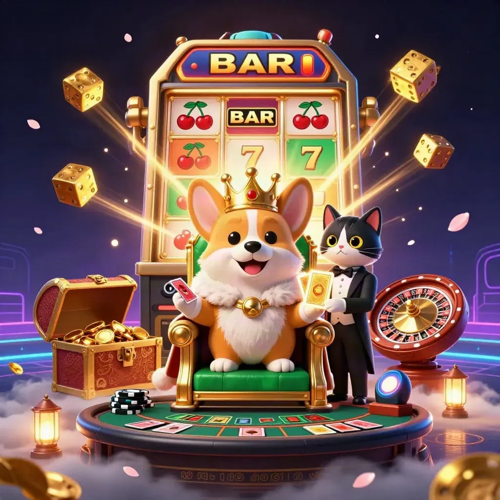 Royal corgi king and cat butler amid slot machine, dice, roulette wheel and gold in a neon casino