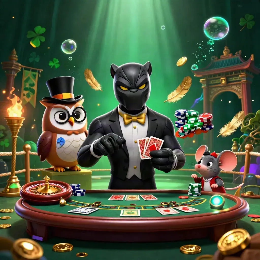 Panther, owl, and mouse in a luxe casino scene with cards, coins, brass, and neon glow.