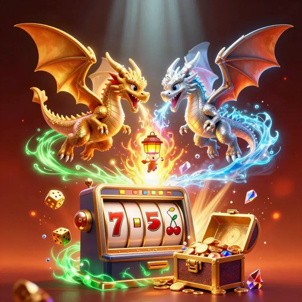 Twin gold and silver dragons clash in a glowing casino vault explosion with treasure and reels