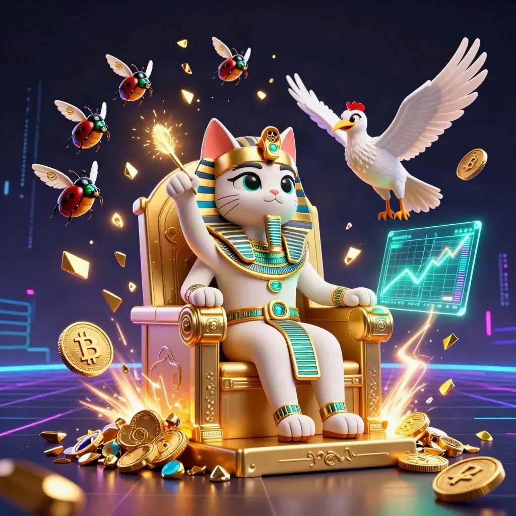 Pharaoh cat on a golden throne with ibis scribe, scarabs, coins and neon energy bursting around.
