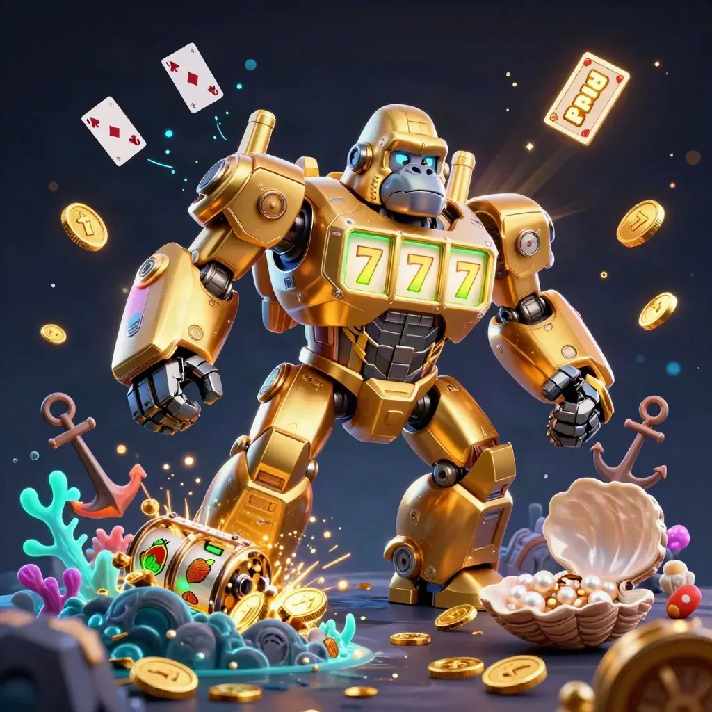 Golden gorilla mech with tiny monkey pilot bursts through an underwater treasure cove.
