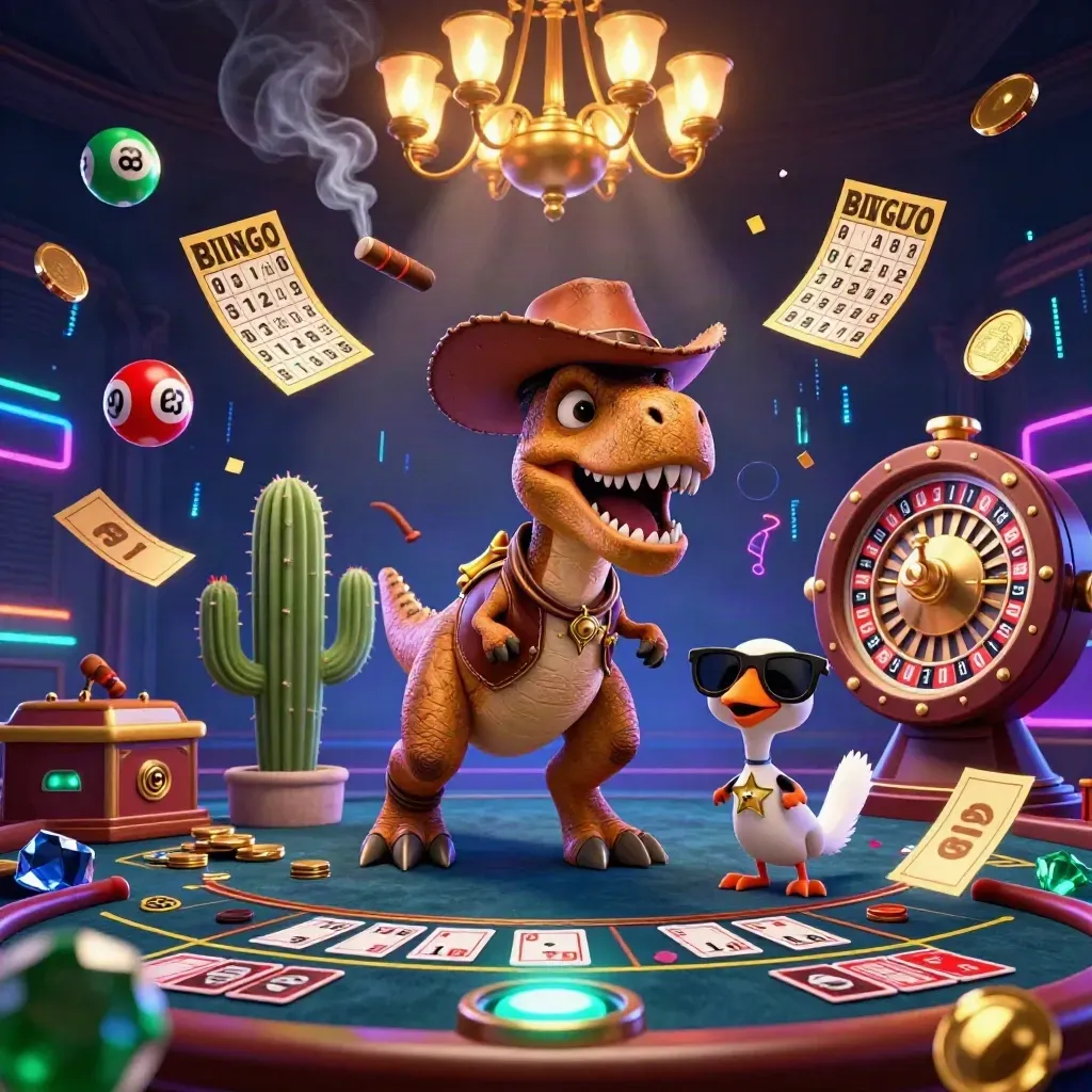 Cowboy T-Rex trio in a neon casino room with spinning wheels, cards, gold, and glowing loot.