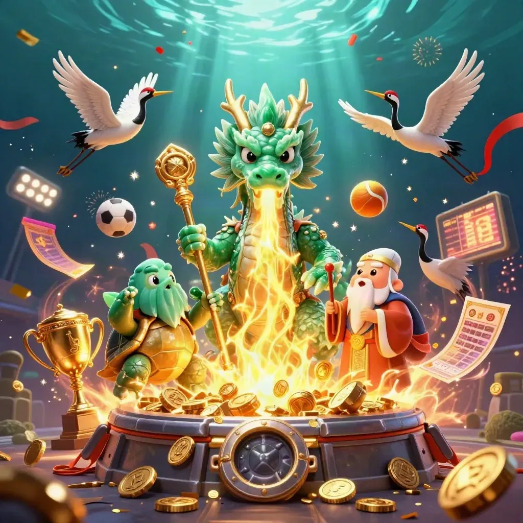 Dragon, turtle sage and cranes amid gold coins, sports balls, fireworks and casino treasure.