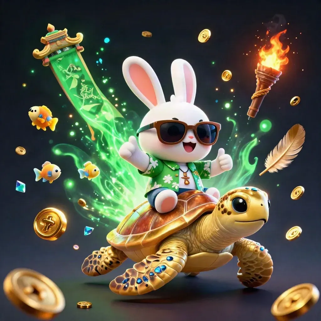 Lucky rabbit on a gold sea turtle with fish, temple gate, coins, and green sparkles
