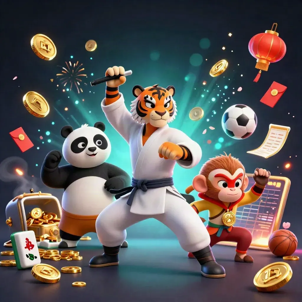 Tiger, panda, and monkey amid gold coins, fireworks, and sports betting props.
