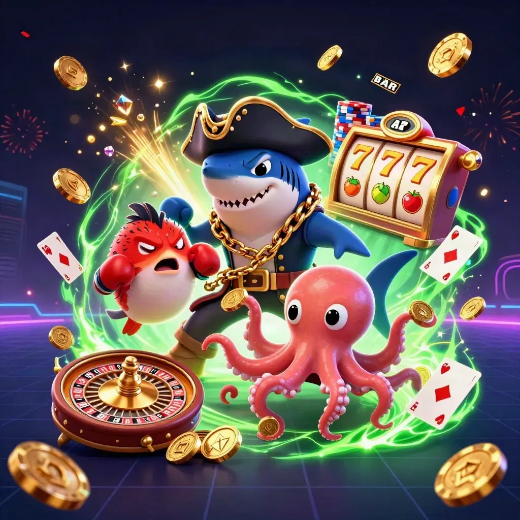 Pirate shark, boxing pufferfish, and coin-juggling octopus amid casino sparks