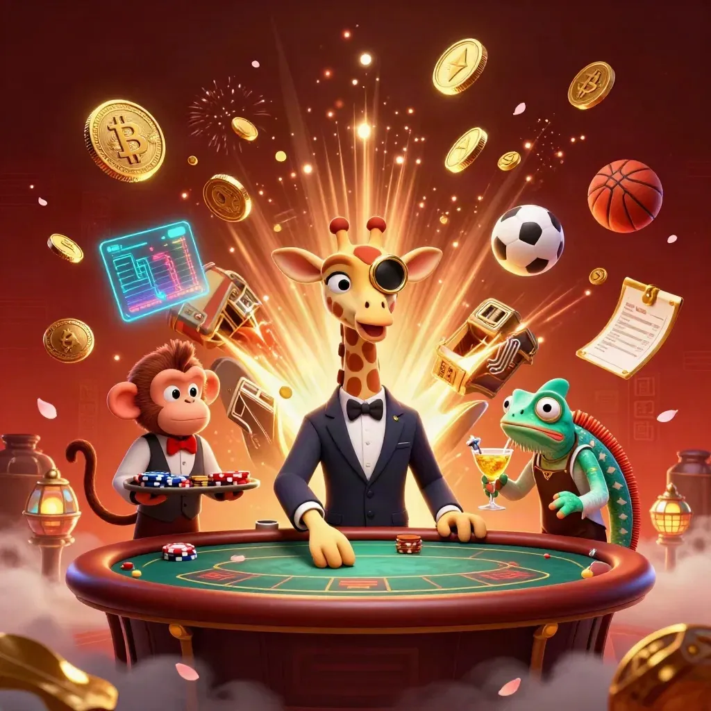 Giraffe VIP, monkey valet and chameleon bartender amid coins, fireworks and sports icons.