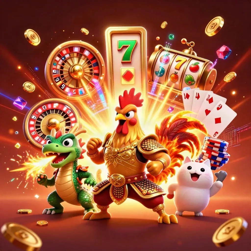 Rooster warrior, dragon hatchling, and lucky cat amid casino chips, coins, and glowing reels.