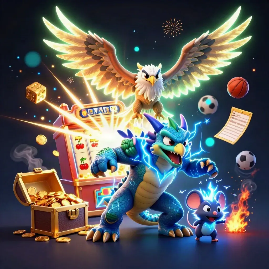 Thunder dragon, wind hawk and crackling mouse amid gold coins, slot burst and sports props
