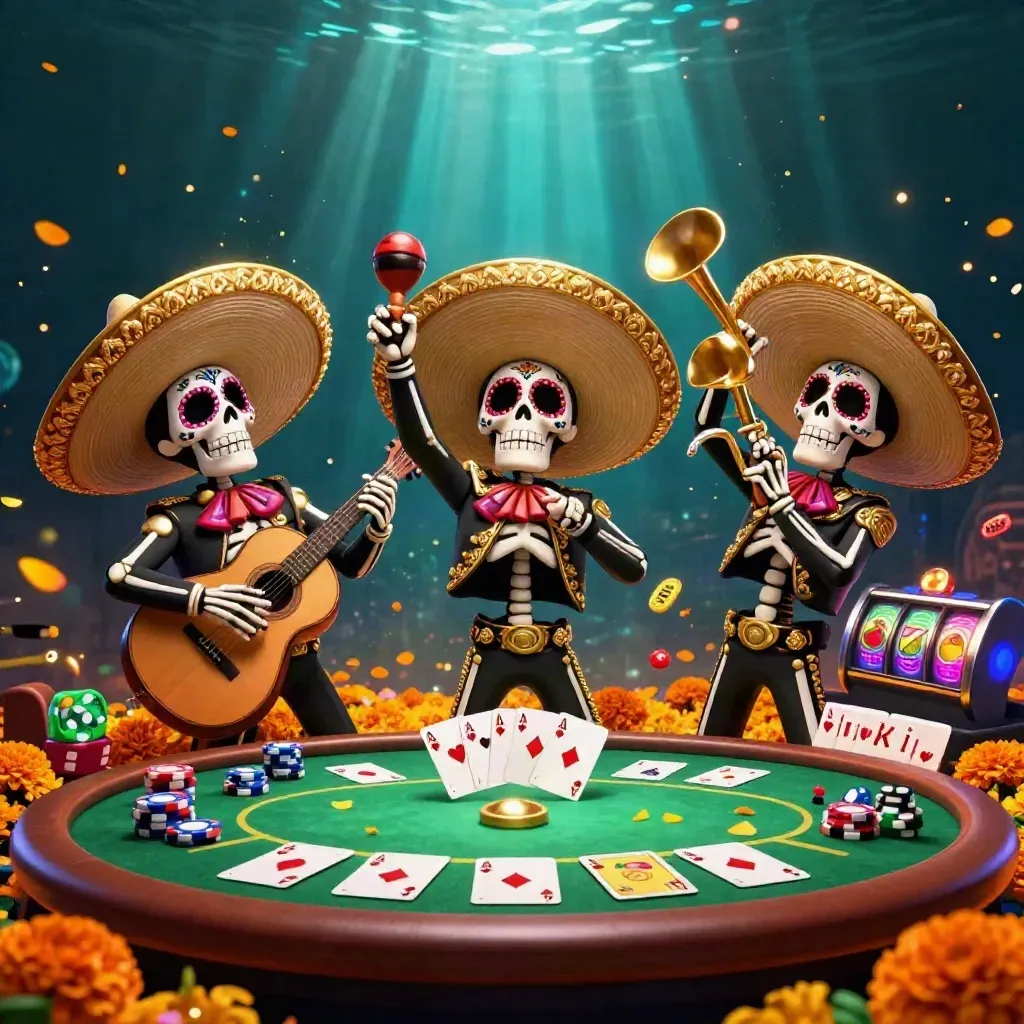 Skeleton mariachi trio with poker chips, cards, reels and glowing casino lights