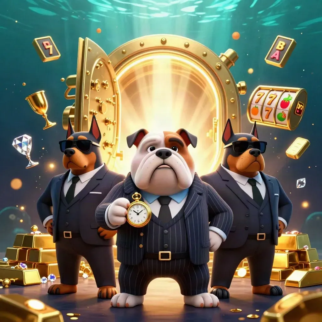 Bulldog boss and two Dobermans burst from a gold vault with casino symbols.