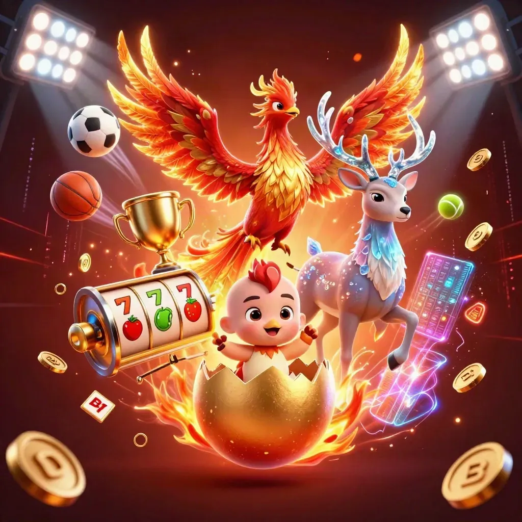 Fire phoenix, baby phoenix, and crystal stag amid casino icons, coins, lights, and energy.
