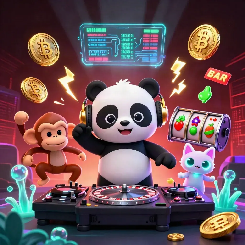 Three cartoon animals DJing among casino coins, lightning, and neon reels in a dark premium splash art
