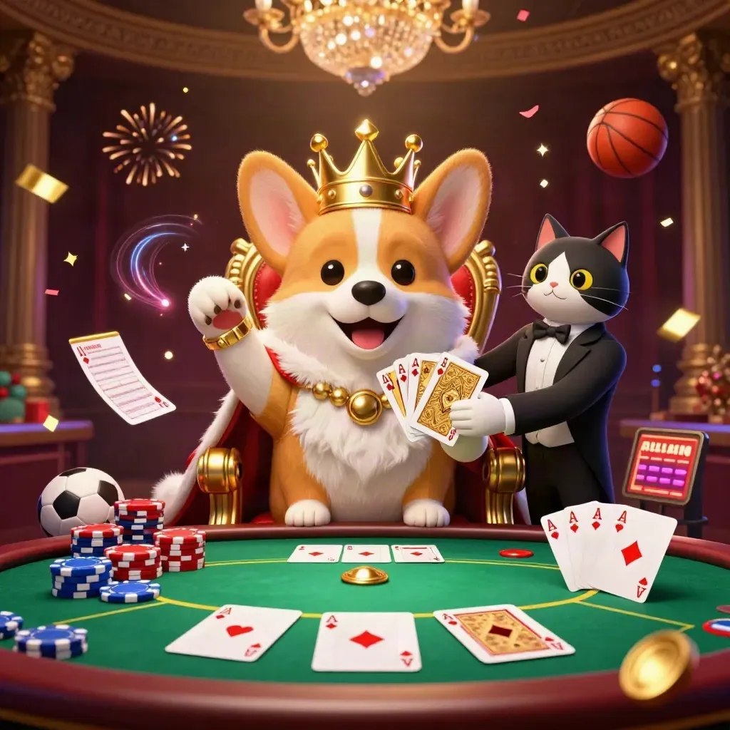 Royal corgi and cat butler amid chips, cards, gold sparks, and casino glam