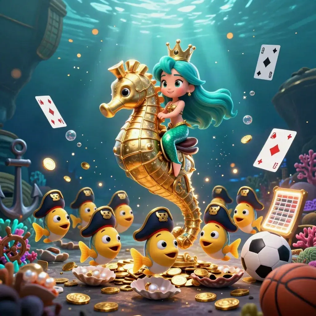 Mermaid princess on a gold seahorse with pirate fish in a glowing treasure cove.