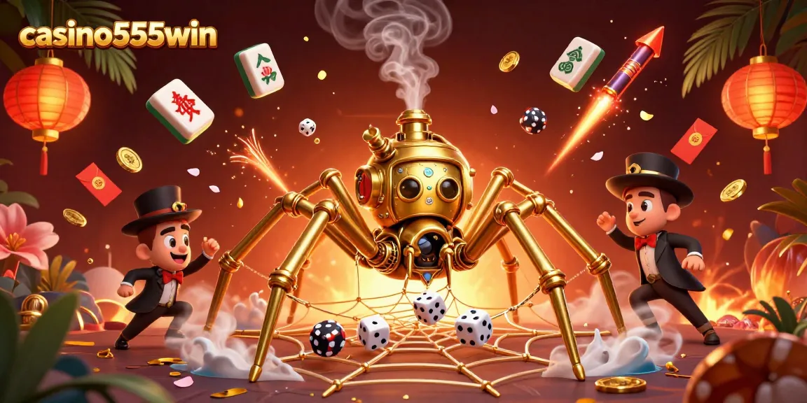 Engage in lively gameplay at casino555win with a captivating 3D spider web illustration.