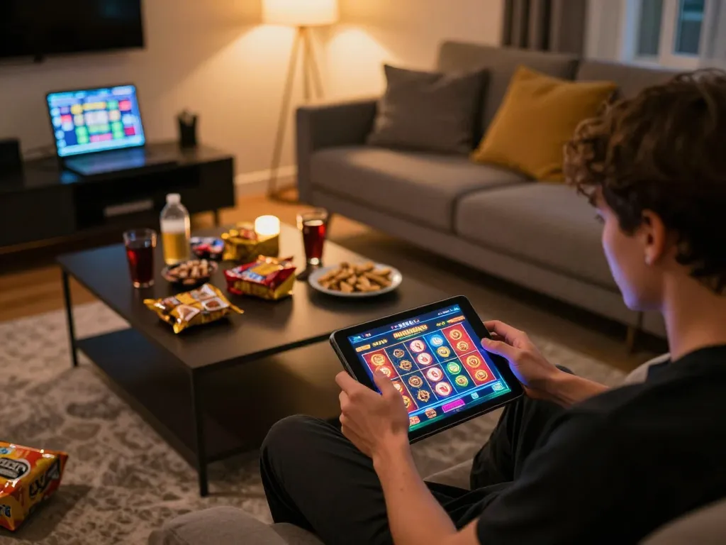 Engaging player enjoying 79KING online casino game on a tablet in a cozy home setting
